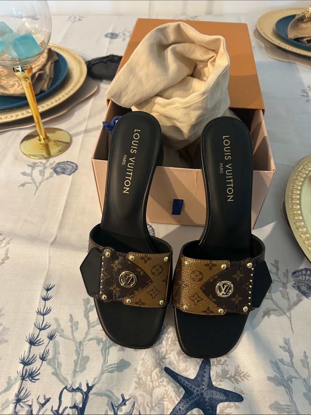 Louis Vuitton Black & Brown Monogram Buckled Slide Mules